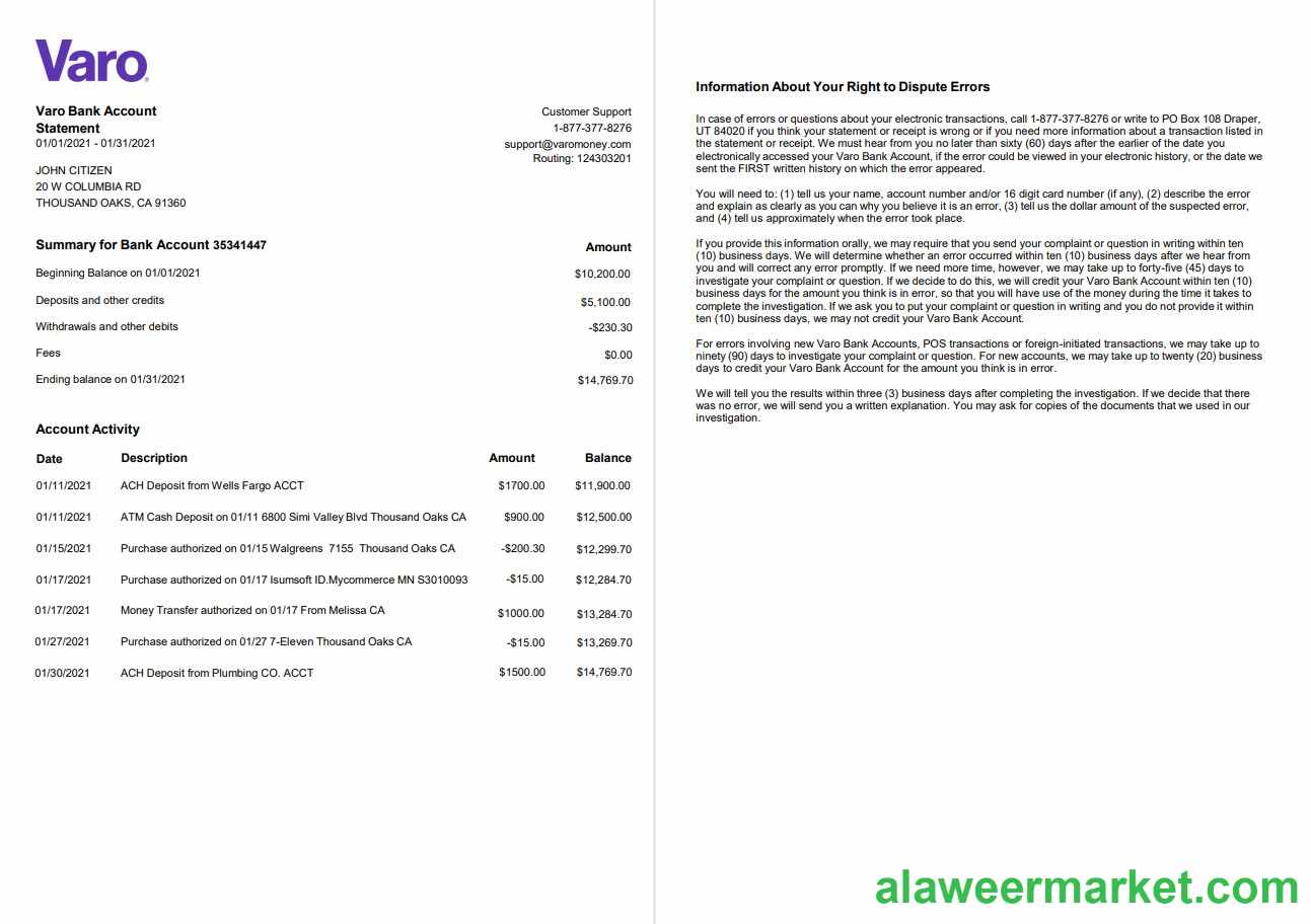 USA California Varo bank statement template in Word and PDF format, 2 pages